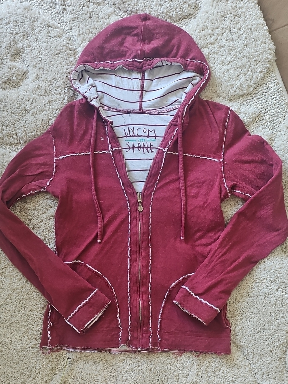 Vintage Y2K Volcom Stone "Things of Cloth" Burnout Full-Zip Raw Edge Hoodie Red